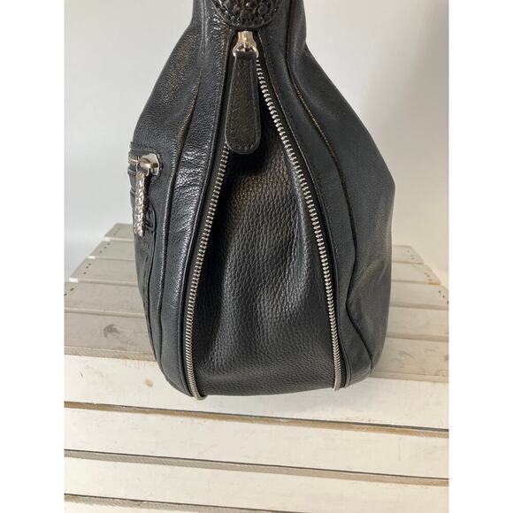 BRIGHTON LARGE BLACK LEATHER, ANIMAL PRINT TRIM SHOULDER BAG - Picture 14 of 16